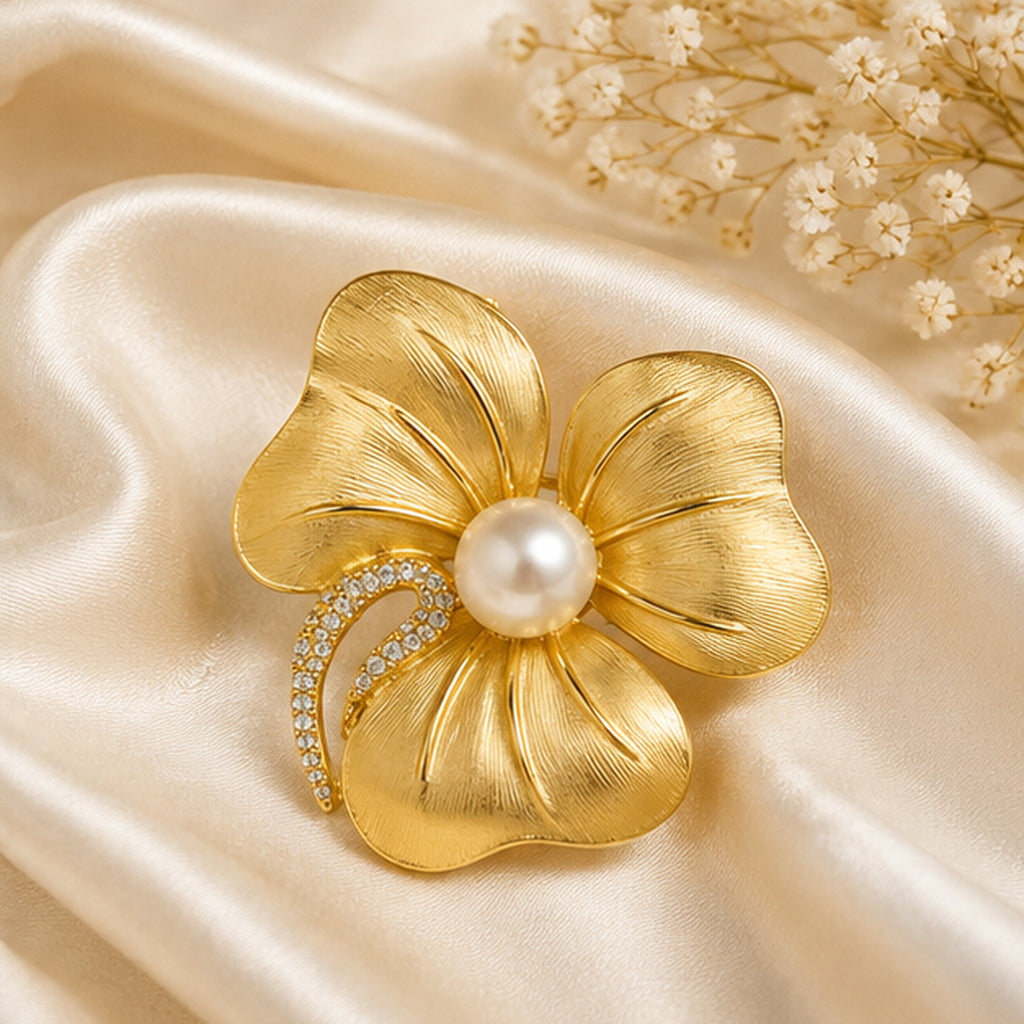 Amélie Pearl Blossom Brooch – Gold Floral Brooch with Pearl & Crystal Accents