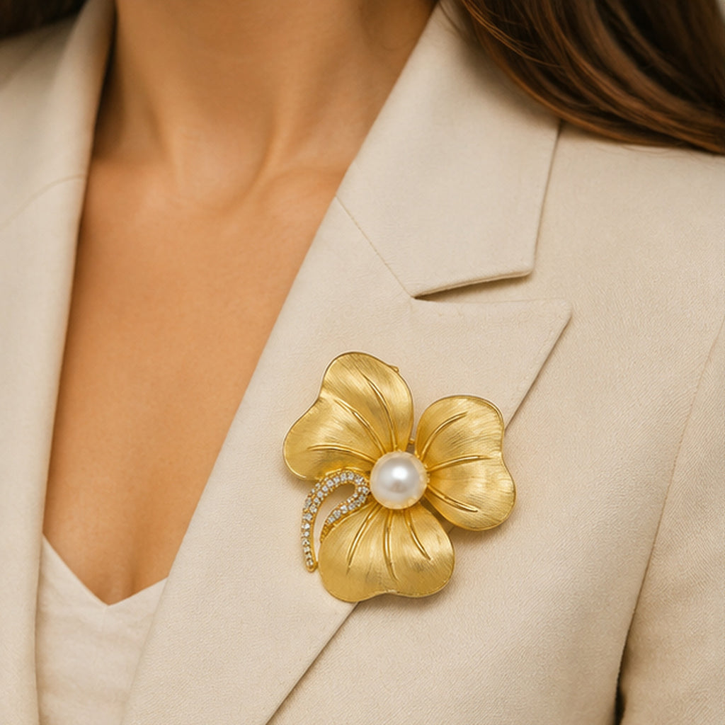 Amélie Pearl Blossom Brooch – Gold Floral Brooch with Pearl & Crystal Accents