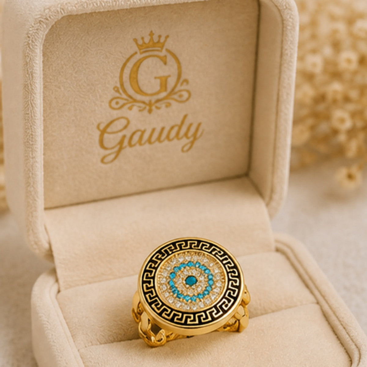 Athena Mosaic Ring – Gold Medallion Ring with Turquoise Crystal Detail