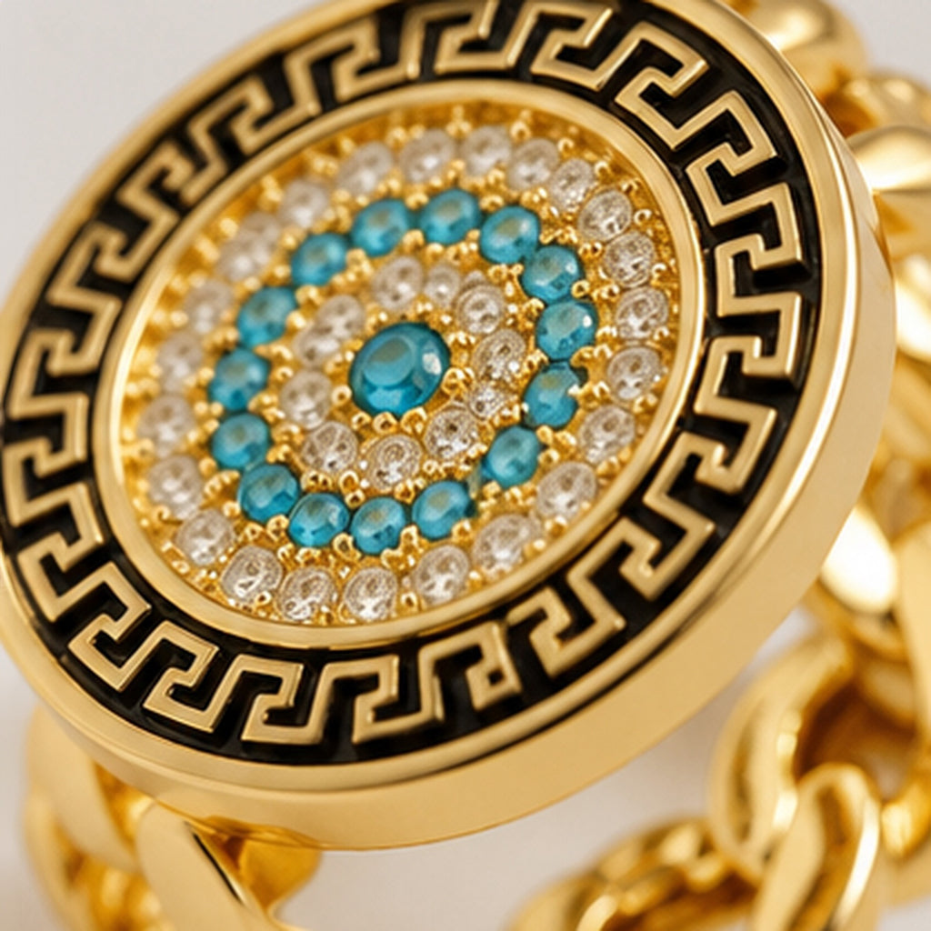 Athena Mosaic Ring – Gold Medallion Ring with Turquoise Crystal Detail