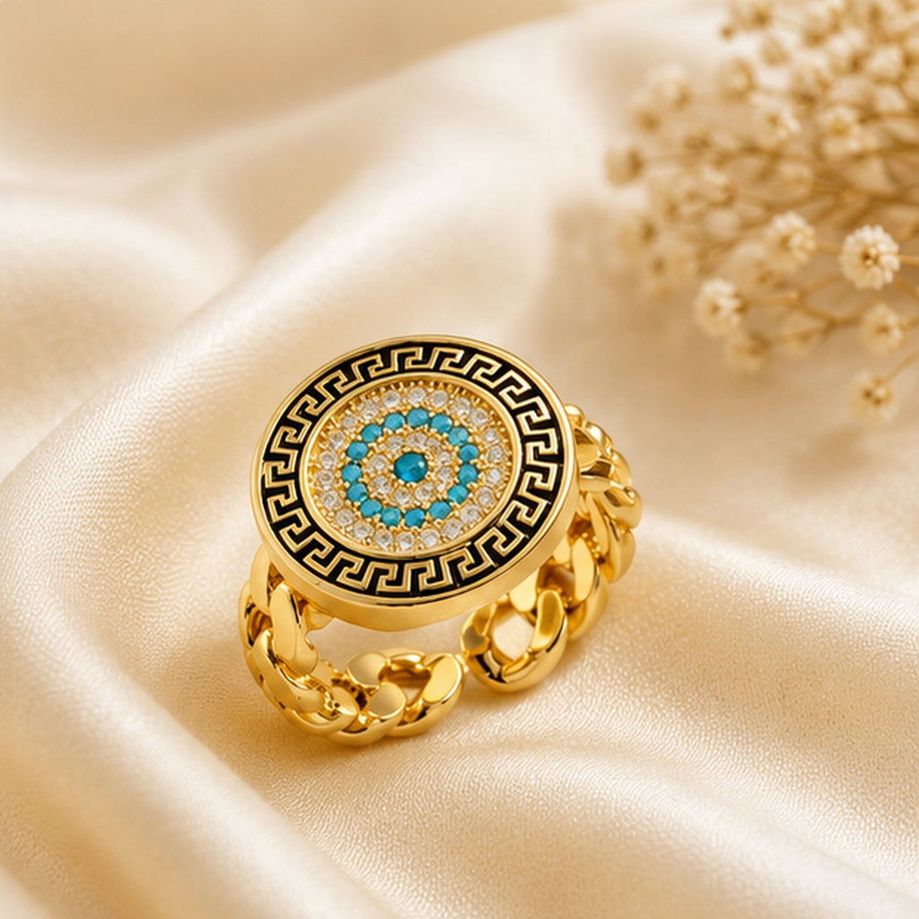 Athena Mosaic Ring – Gold Medallion Ring with Turquoise Crystal Detail