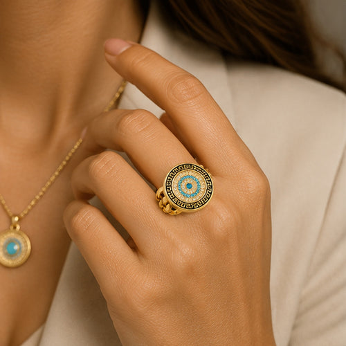 Athena Mosaic Ring – Gold Medallion Ring with Turquoise Crystal Detail