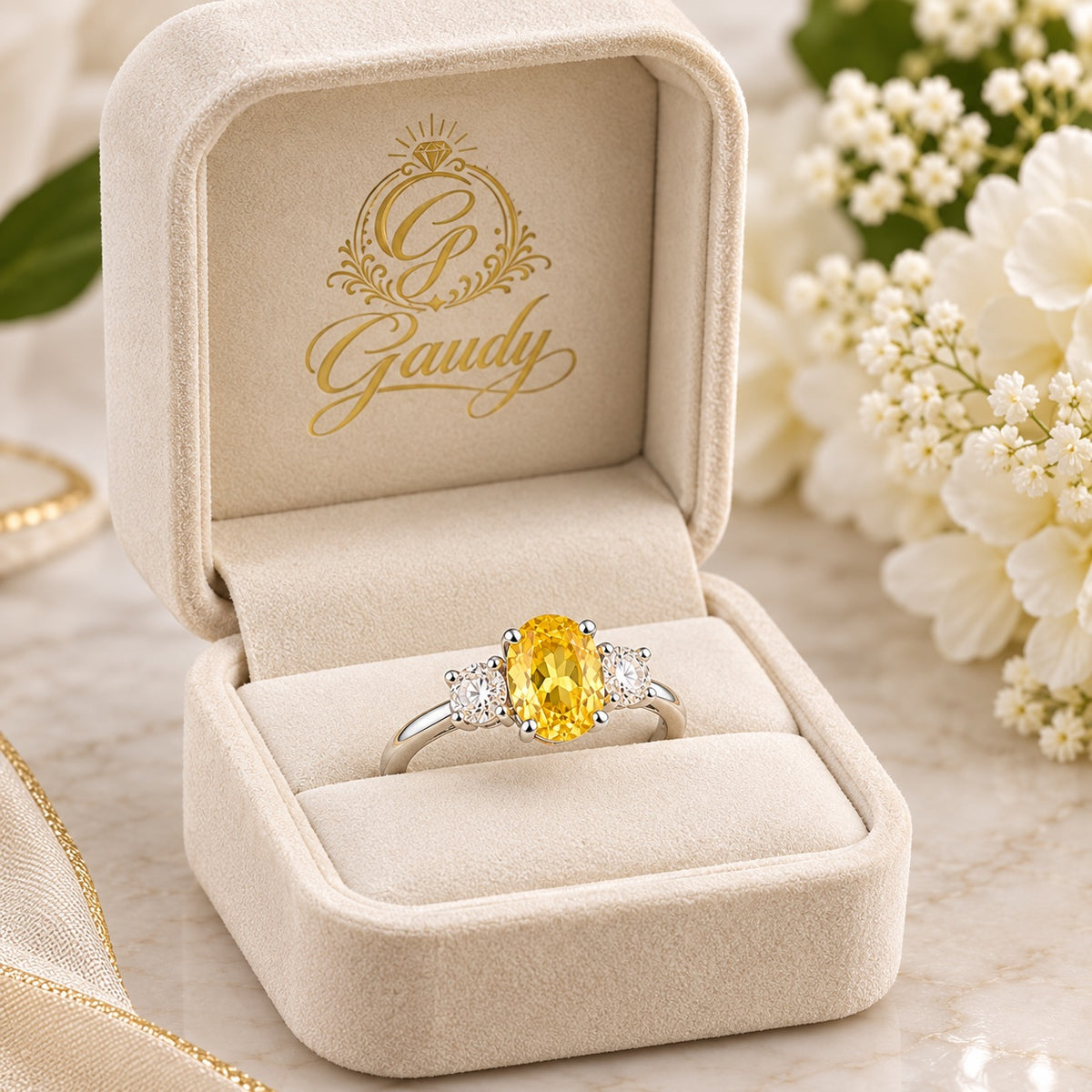 Aurelia Canary Ring – Silver Ring with Yellow Center Stone & Crystal Side Stones