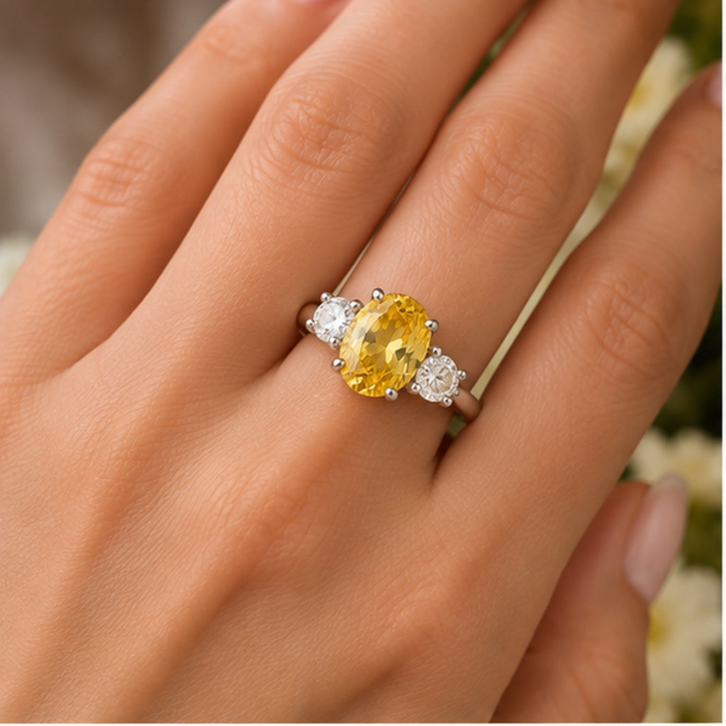 Aurelia Canary Ring – Silver Ring with Yellow Center Stone & Crystal Side Stones
