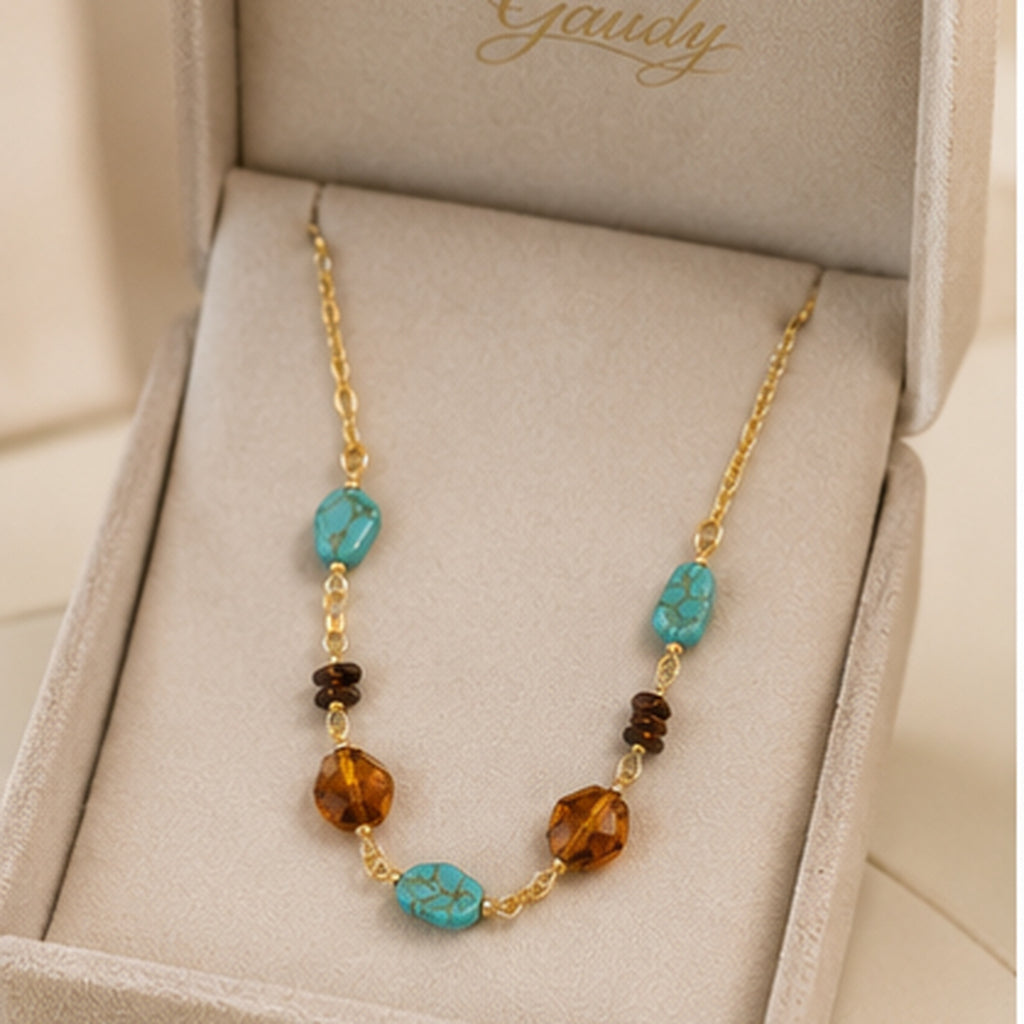 Azure Mosaic Necklace – Gold Necklace with Turquoise & Amber Stones