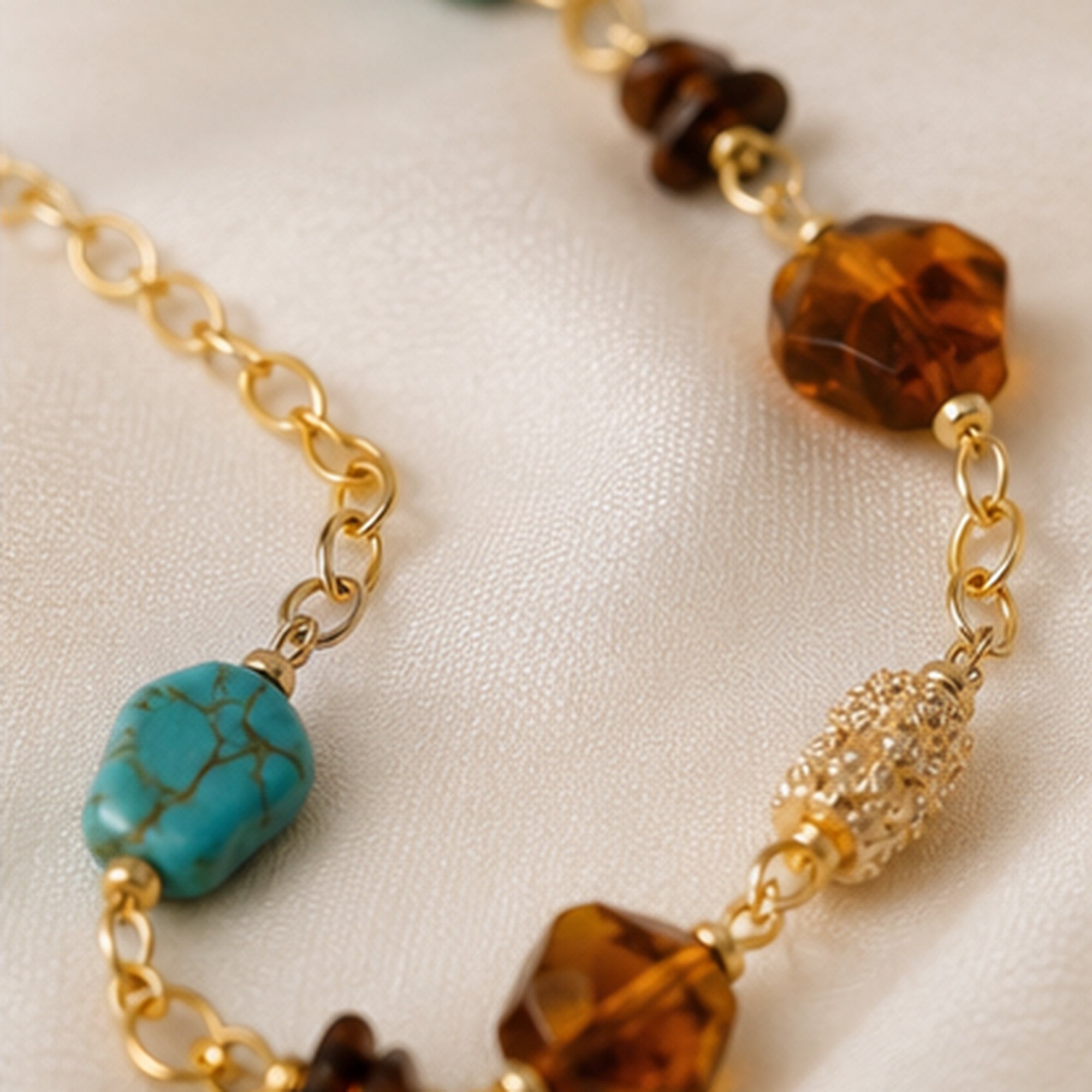 Azure Mosaic Necklace – Gold Necklace with Turquoise & Amber Stones