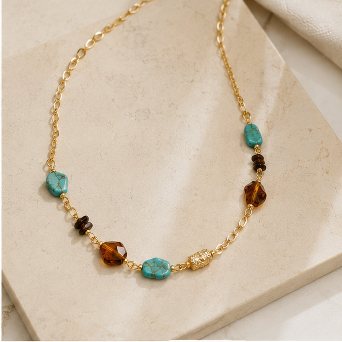 Azure Mosaic Necklace – Gold Necklace with Turquoise & Amber Stones