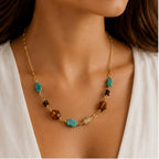 Azure Mosaic Necklace – Gold Necklace with Turquoise & Amber Stones