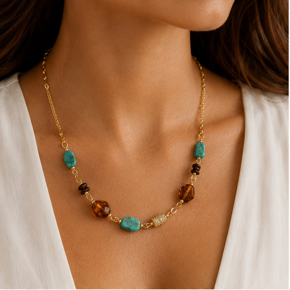Azure Mosaic Necklace – Gold Necklace with Turquoise & Amber Stones