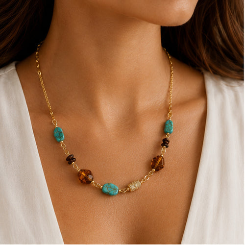 Azure Mosaic Necklace – Gold Necklace with Turquoise & Amber Stones