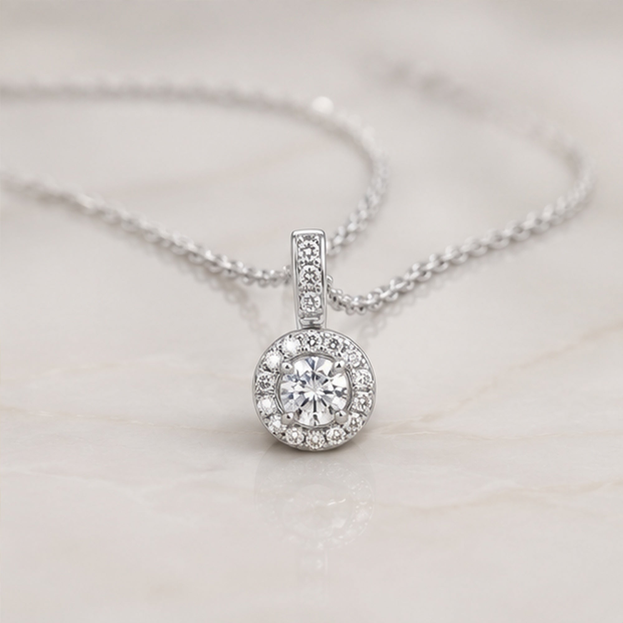 Celeste Crystal Halo Necklace – Silver Round Crystal Pendant