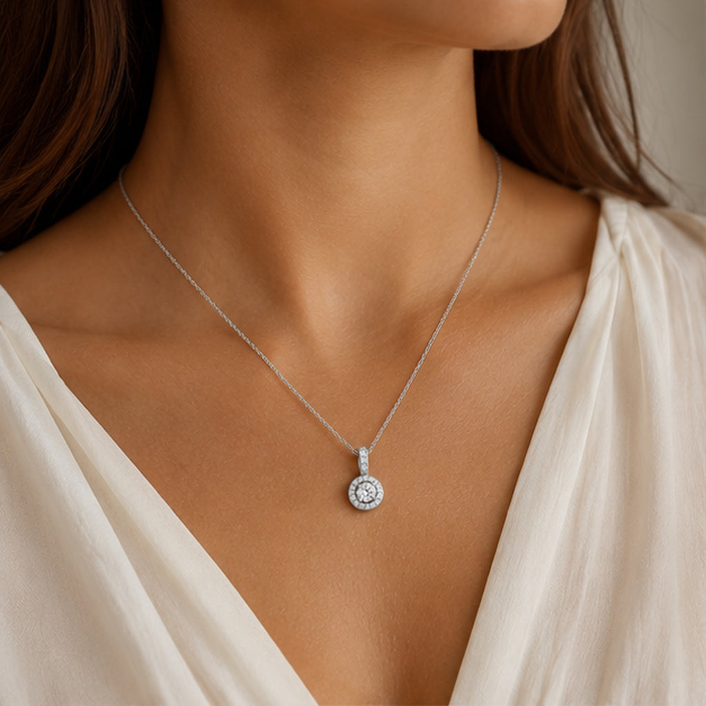 Celeste Crystal Halo Necklace – Silver Round Crystal Pendant