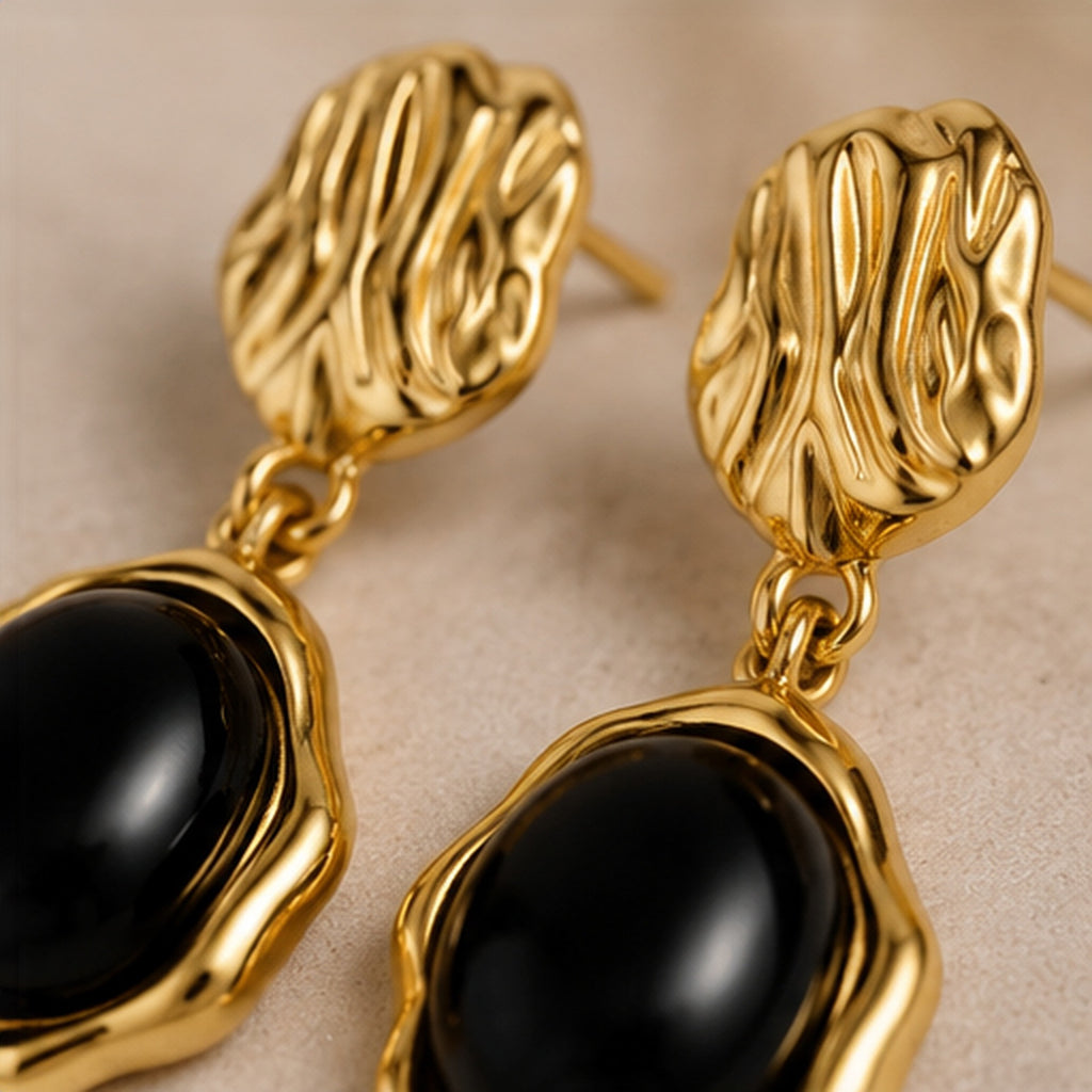 Noémie Noir Drop Earrings – Gold Sculptural Earrings with Black Stone
