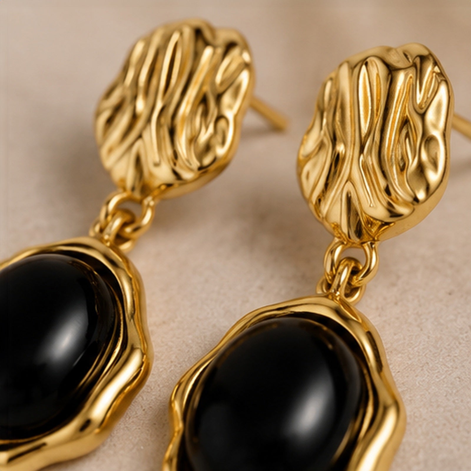 Noémie Noir Drop Earrings – Gold Sculptural Earrings with Black Stone