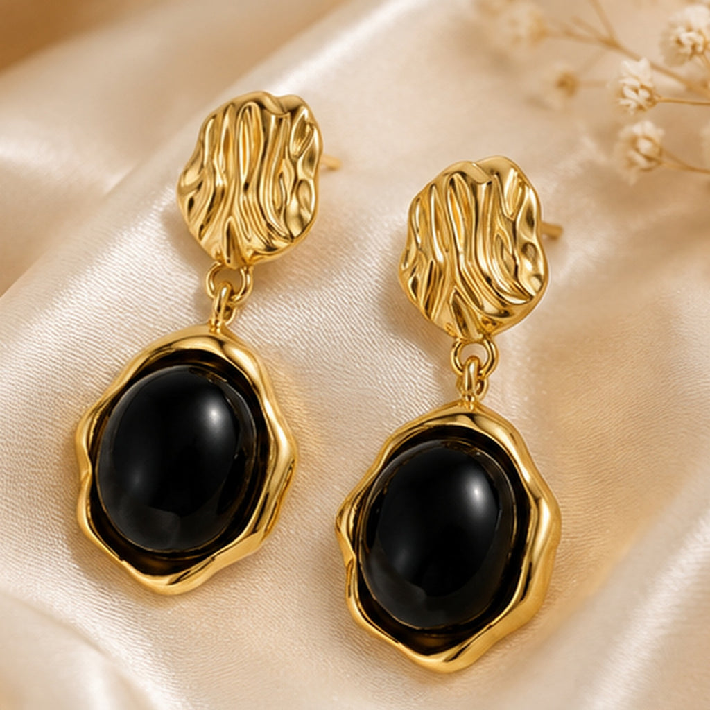 Noémie Noir Drop Earrings – Gold Sculptural Earrings with Black Stone