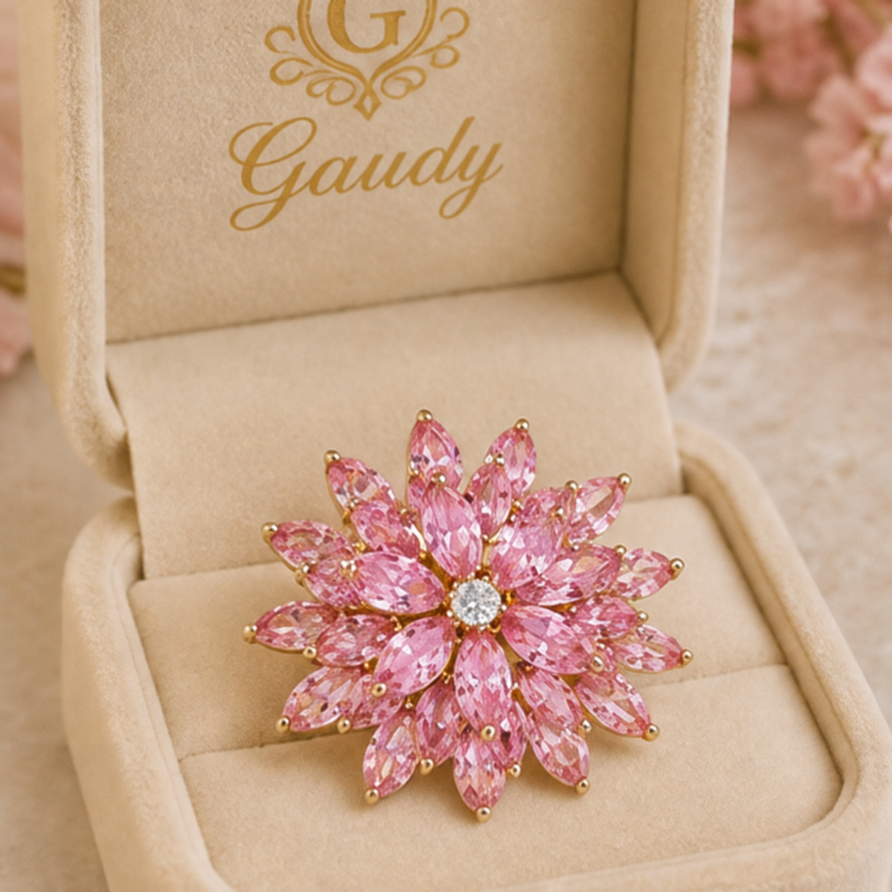 Rosalie Bloom Brooch – Pink Crystal Floral Brooch with Gold-Tone Setting