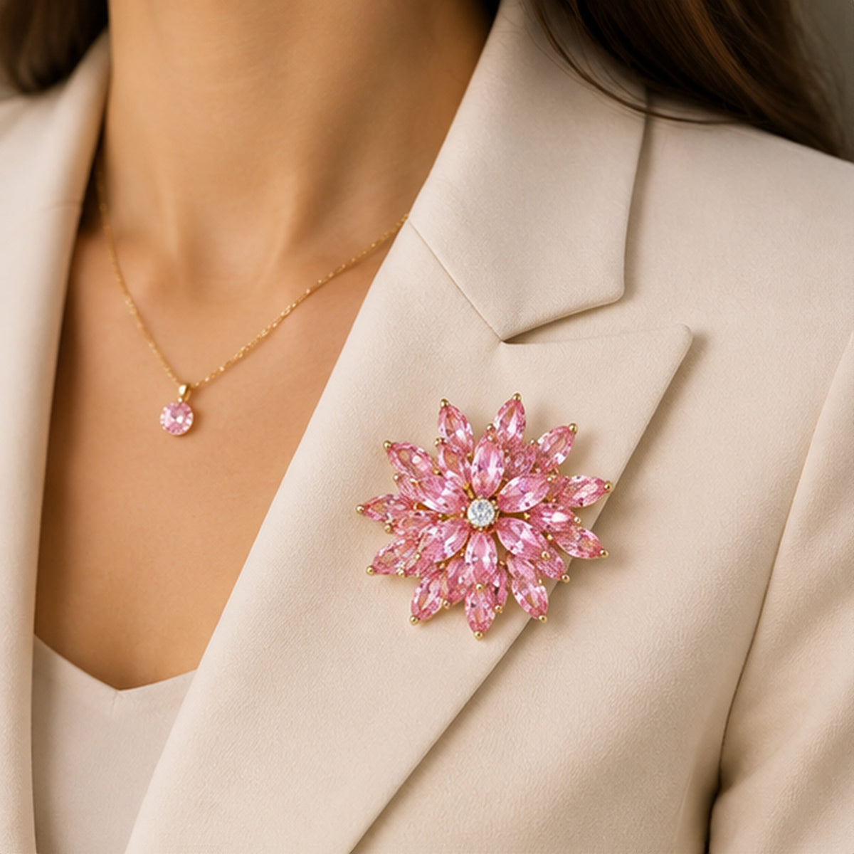 Rosalie Bloom Brooch – Pink Crystal Floral Brooch with Gold-Tone Setting