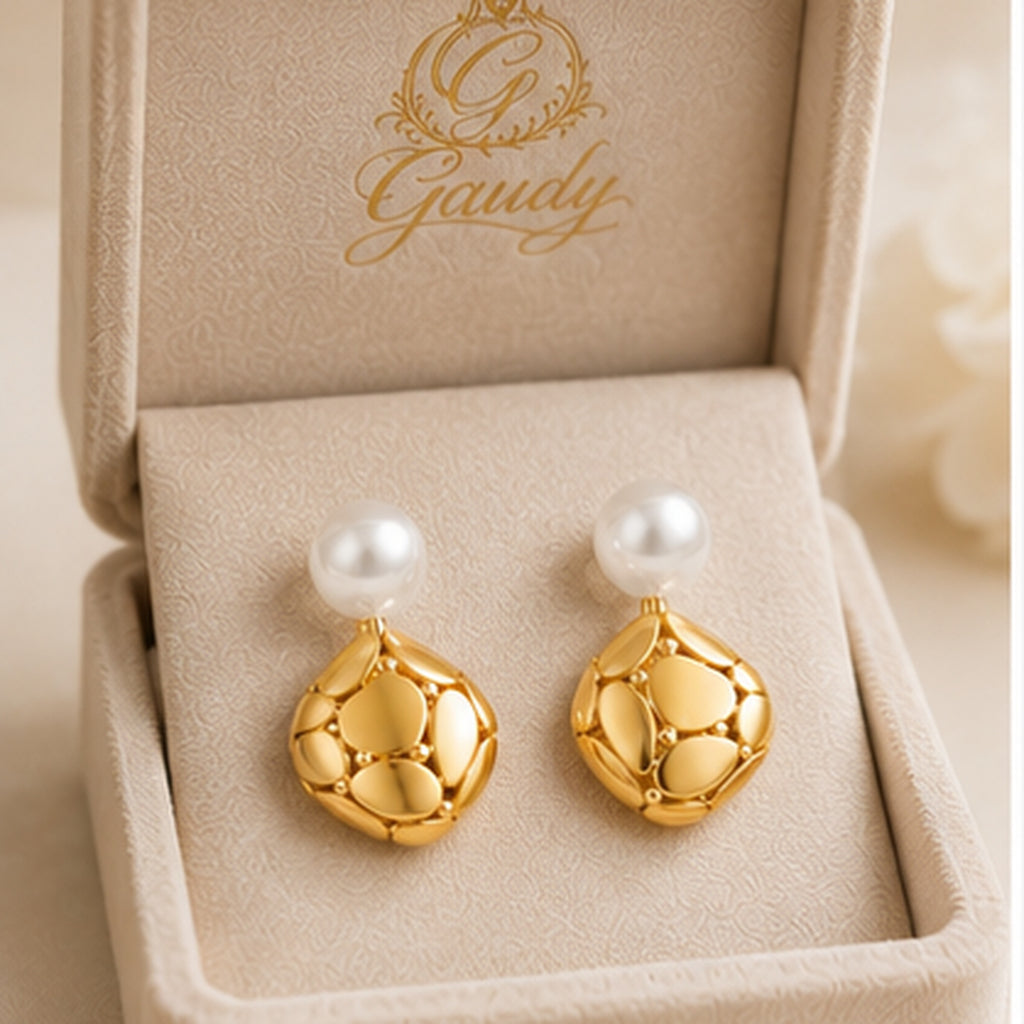 Solara Pearl Drop Earrings – Pearl Studs with Sculptural Gold Drops