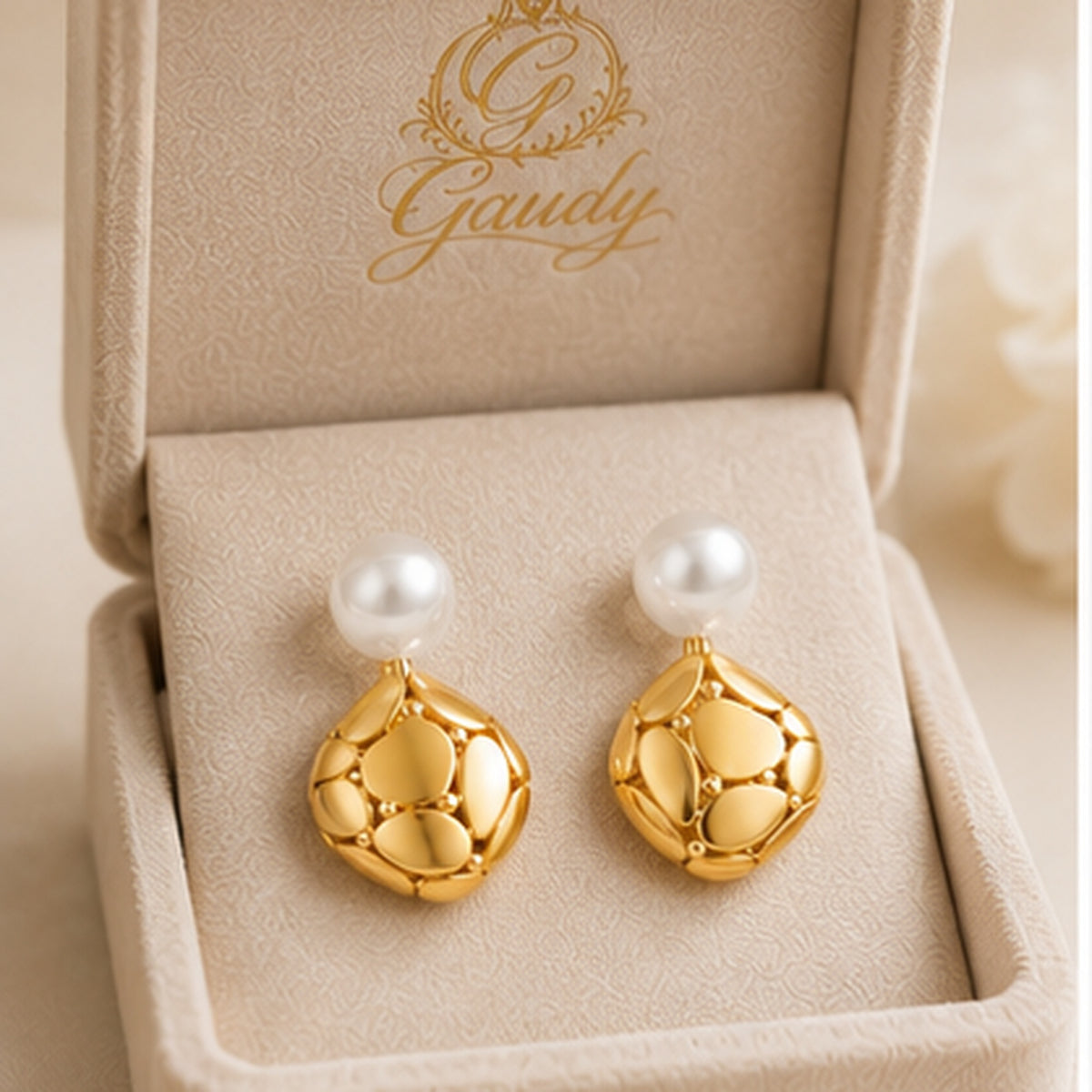 Solara Pearl Drop Earrings – Pearl Studs with Sculptural Gold Drops