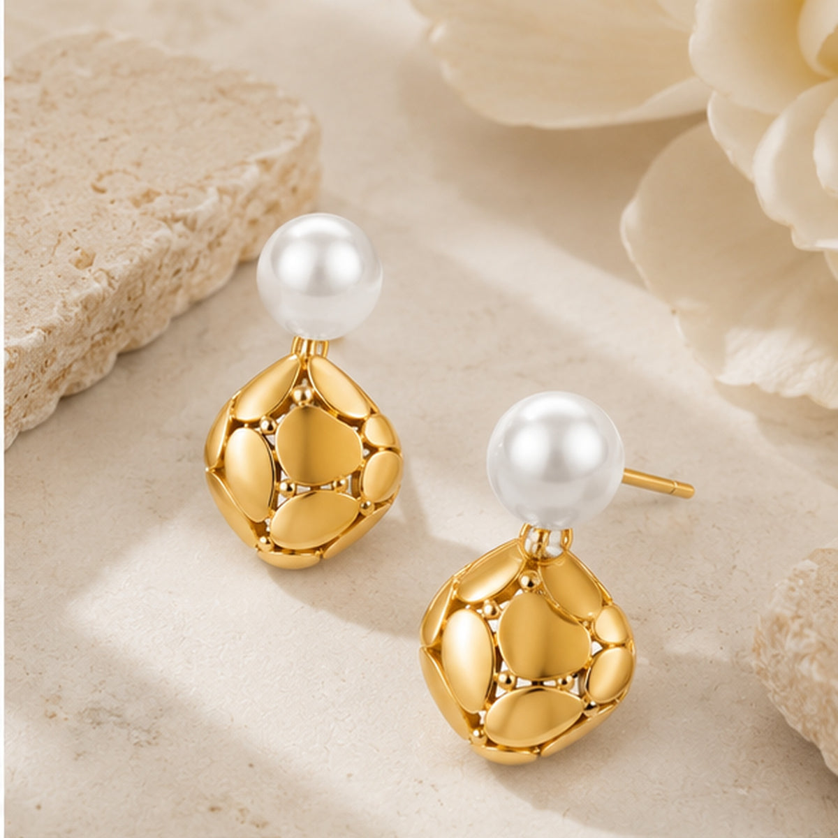Solara Pearl Drop Earrings – Pearl Studs with Sculptural Gold Drops