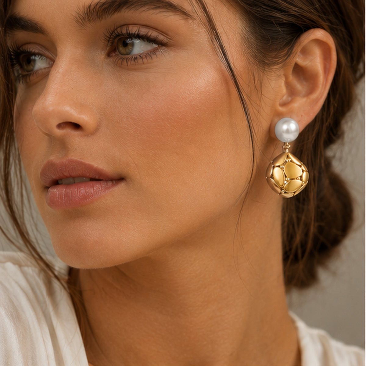 Solara Pearl Drop Earrings – Pearl Studs with Sculptural Gold Drops