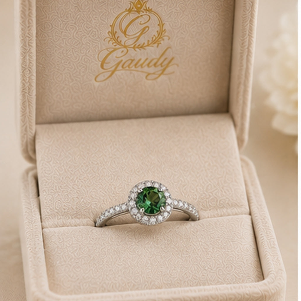 Verde Halo Ring – Silver Ring with Green Center Stone & Crystal Halo