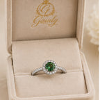 Verde Halo Ring – Silver Ring with Green Center Stone & Crystal Halo
