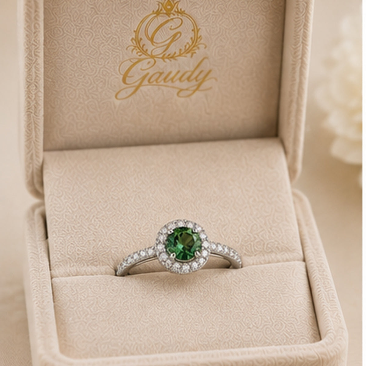 Verde Halo Ring – Silver Ring with Green Center Stone & Crystal Halo