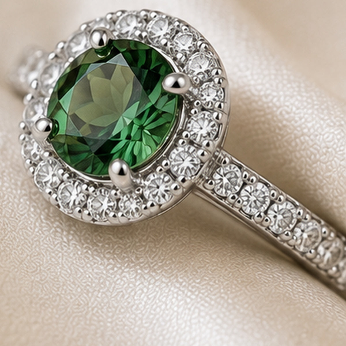 Verde Halo Ring – Silver Ring with Green Center Stone & Crystal Halo