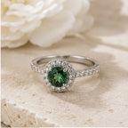 Verde Halo Ring – Silver Ring with Green Center Stone & Crystal Halo