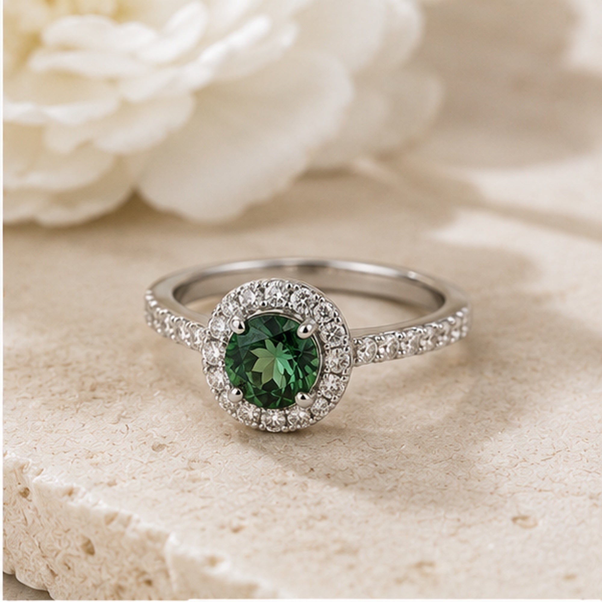 Verde Halo Ring – Silver Ring with Green Center Stone & Crystal Halo