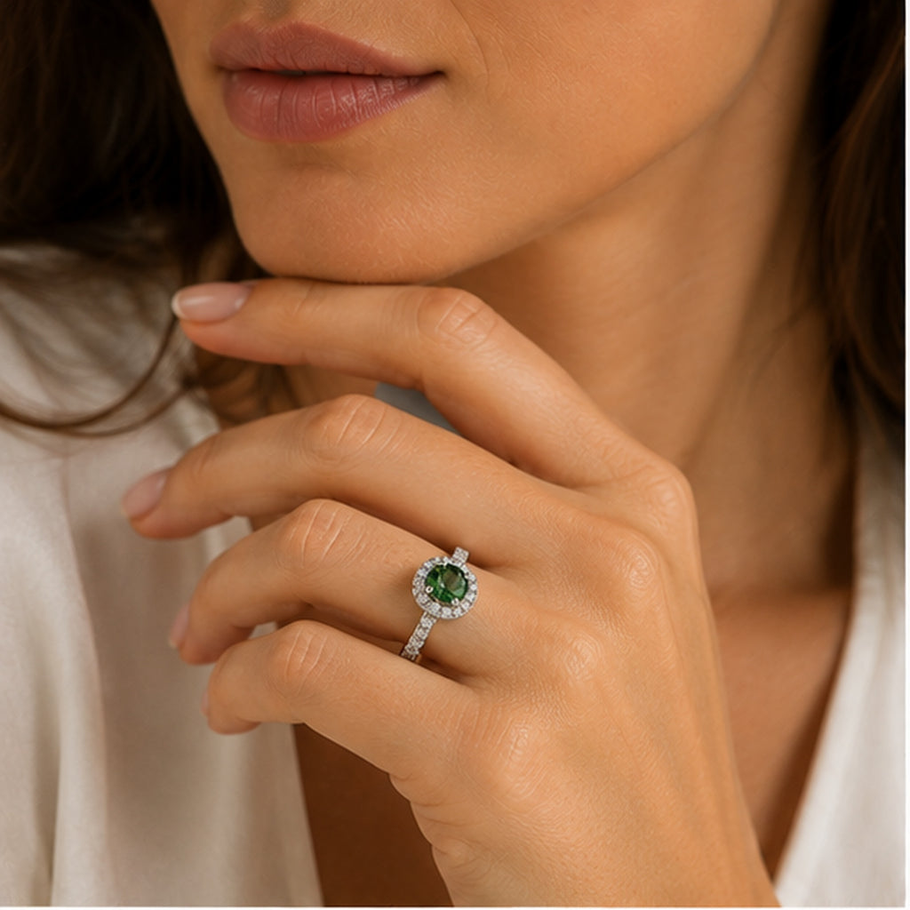 Verde Halo Ring – Silver Ring with Green Center Stone & Crystal Halo